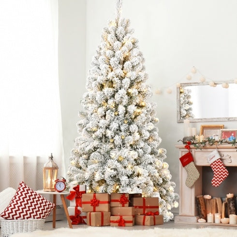 6FT Pre-Lit Flocked Christmas Tree - 760 Memory Wire Tips, 300 Warm Incandescent Lights, Easy Fluff & Perfect Shape, Elegant Holiday Décor.