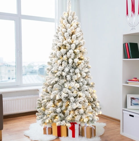 6FT Pre-Lit Flocked Christmas Tree - 760 Memory Wire Tips, 300 Warm Incandescent Lights, Easy Fluff & Perfect Shape, Elegant Holiday Décor.