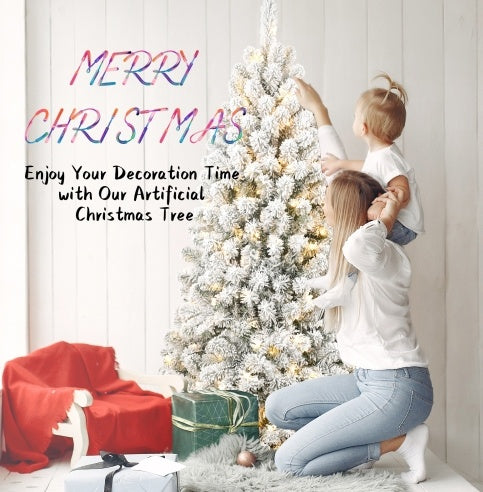 6FT Pre-Lit Flocked Christmas Tree - 760 Memory Wire Tips, 300 Warm Incandescent Lights, Easy Fluff & Perfect Shape, Elegant Holiday Décor.