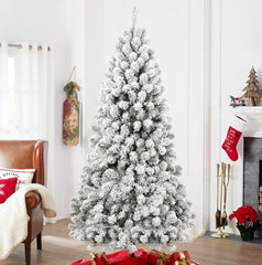 6FT Pre-Lit Flocked Christmas Tree - 760 Memory Wire Tips, 300 Warm Incandescent Lights, Easy Fluff & Perfect Shape, Elegant Holiday Décor.