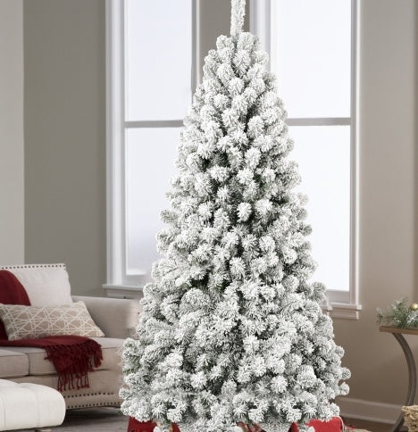 6FT Pre-Lit Flocked Christmas Tree - 760 Memory Wire Tips, 300 Warm Incandescent Lights, Easy Fluff & Perfect Shape, Elegant Holiday Décor.