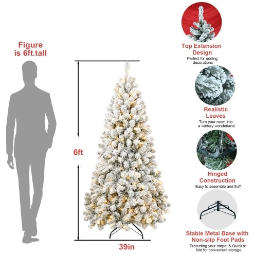 6FT Pre-Lit Flocked Christmas Tree - 760 Memory Wire Tips, 300 Warm Incandescent Lights, Easy Fluff & Perfect Shape, Elegant Holiday Décor.
