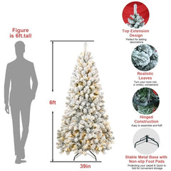 6FT Pre-Lit Flocked Christmas Tree - 760 Memory Wire Tips, 300 Warm Incandescent Lights, Easy Fluff & Perfect Shape, Elegant Holiday Décor.