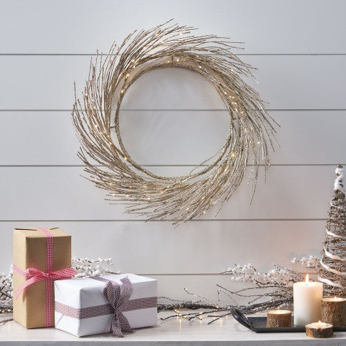 24" LED Paper Wreath - Warm White Lights &amp; Elegant Champagne Design